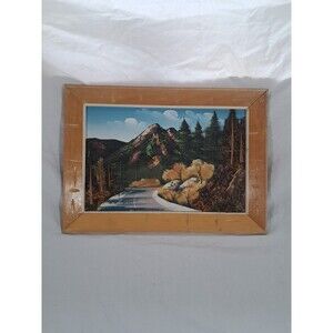 Vtg Handmade Framed Painting Collage Mountain Road Moss Bark 10x14 Japanese 3D